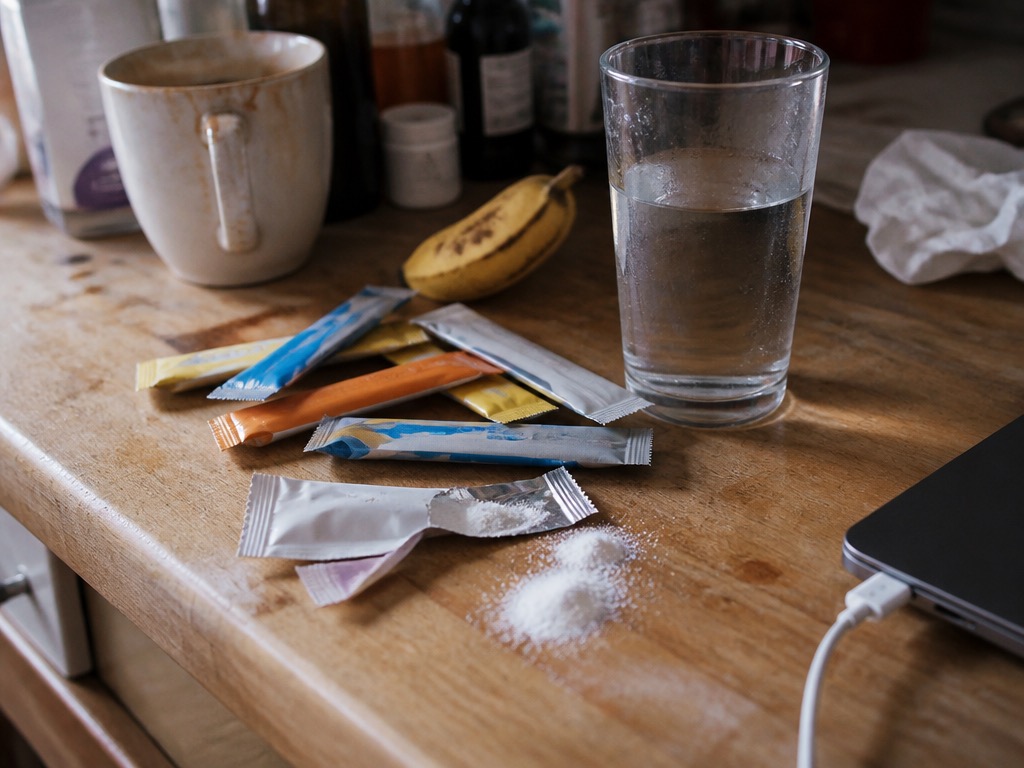 A jumble of unbranded electrolyte stick packets on a cluttered wood kitchen counter beside a half-full glass of water, with one packet torn open and a small spill of white powder, a coffee mug, a banana, and a laptop charger cable in frame.