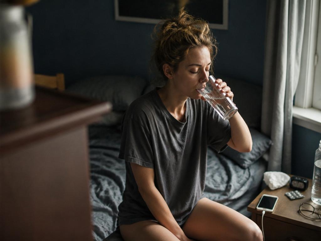 A woman sits on the edge of an unmade bed at dawn, drinking a full glass of water before standing, a cluttered nightstand beside her.