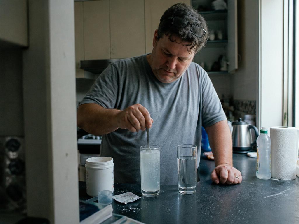 A man at a kitchen counter stirs electrolyte powder into a tall glass of water, a second plain glass of water beside it.