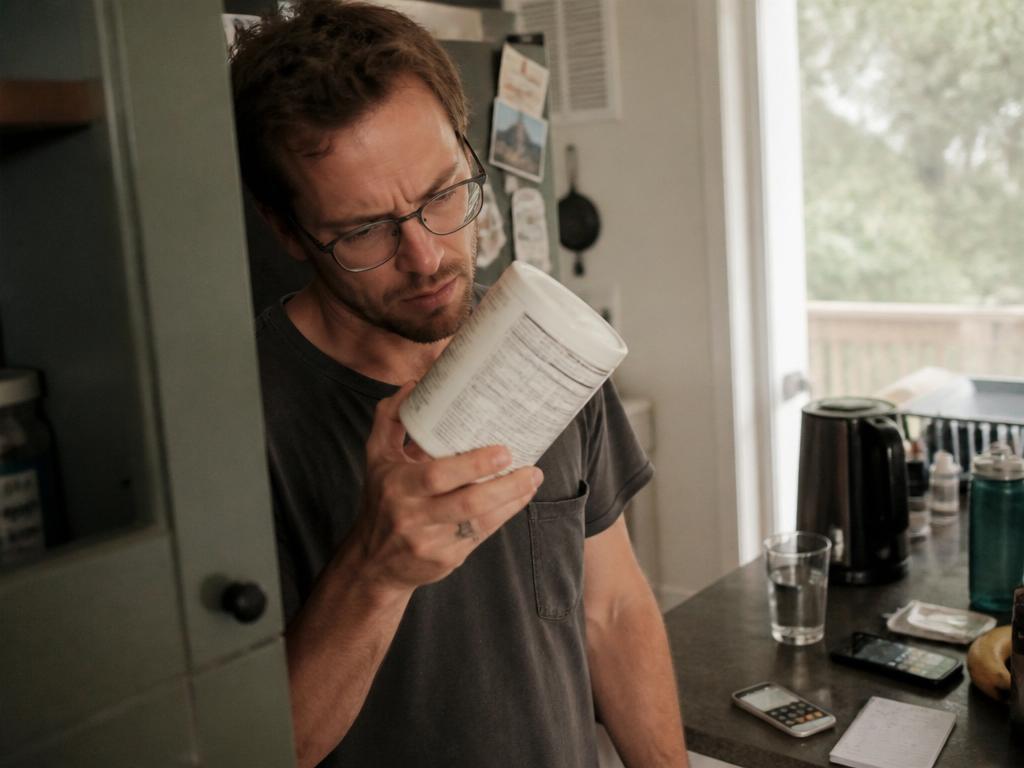 A man in glasses holds a plain electrolyte powder tub close to his face, squinting at the nutrition panel on the back.