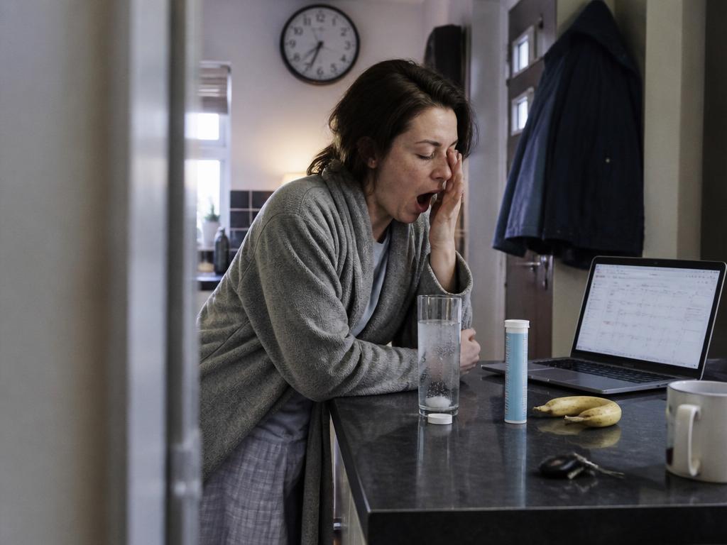 A woman in a robe leans on the kitchen counter mid-yawn first thing in the morning while an electrolyte tablet fizzes in a glass of water.