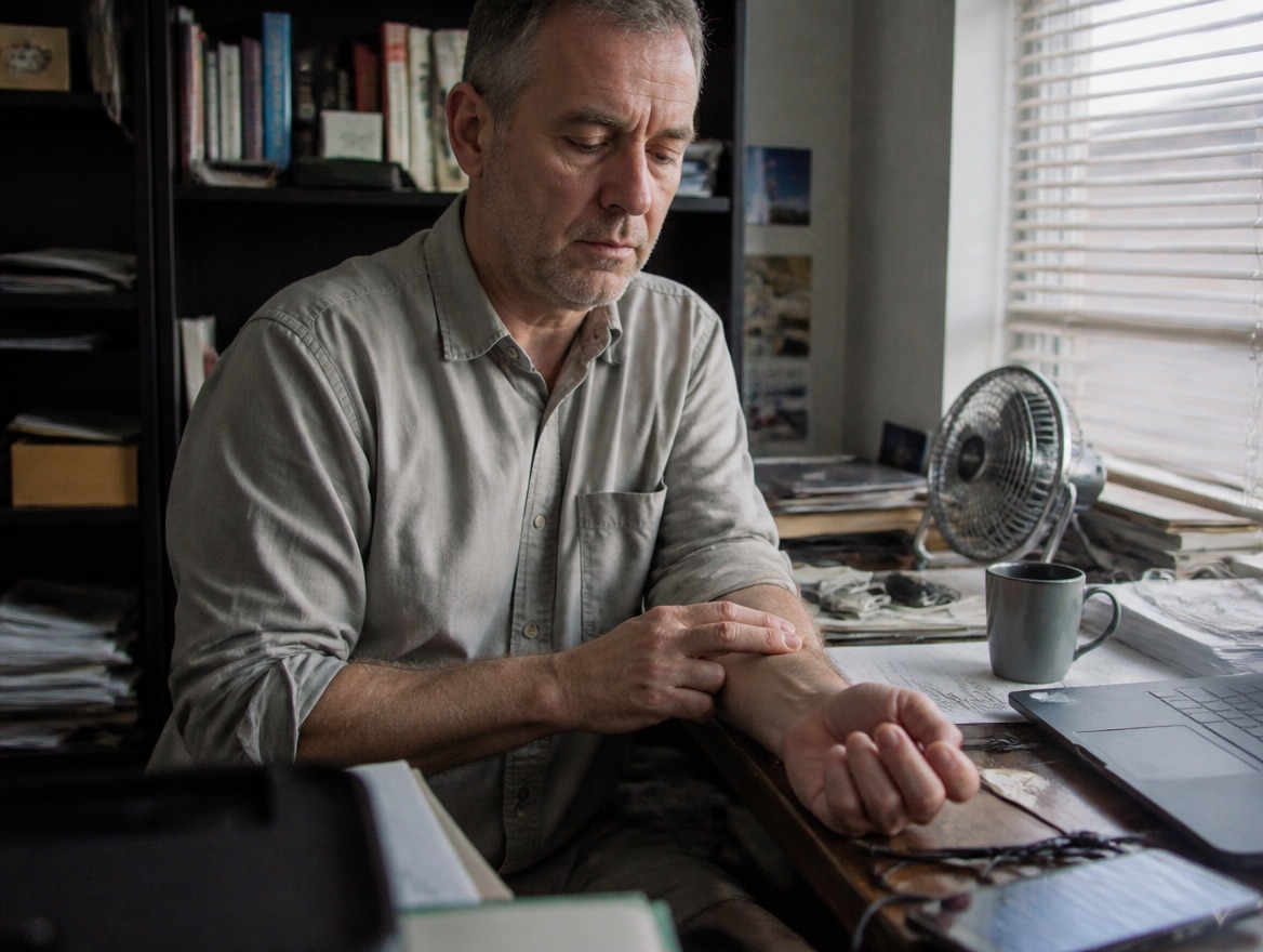 A middle-aged man in a rumpled shirt sits at a cluttered home-office desk, pressing two fingers to his own wrist to check his pulse, looking down with a strained expression.