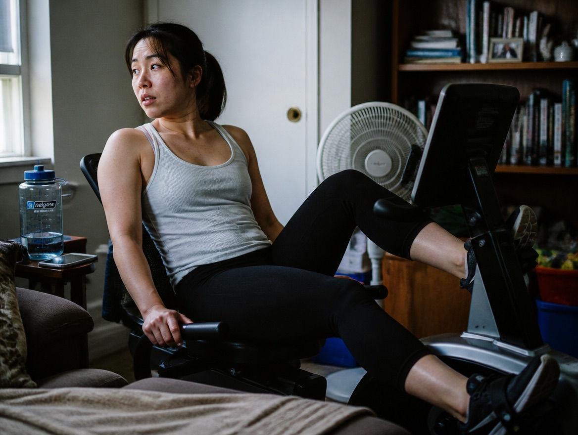 A woman pedals a recumbent exercise bike set up in her living room, with a large water bottle and an electric fan within arm's reach.