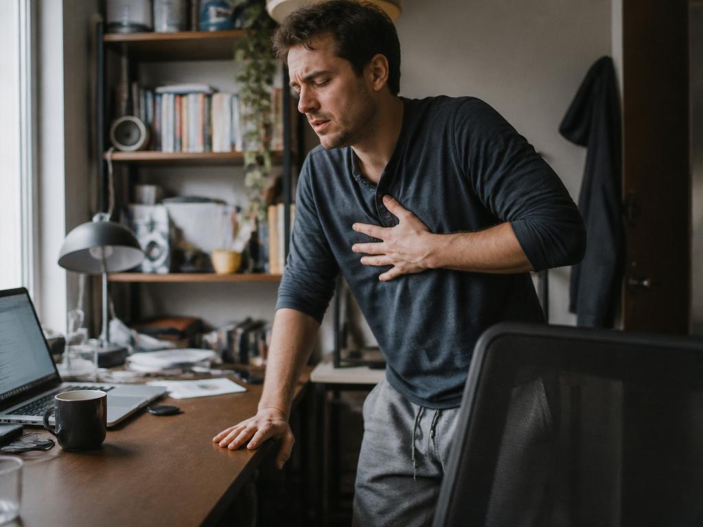 A man who has just stood from his desk braces one hand on the desk and presses the other to his chest, pausing as a wave of dizziness hits.